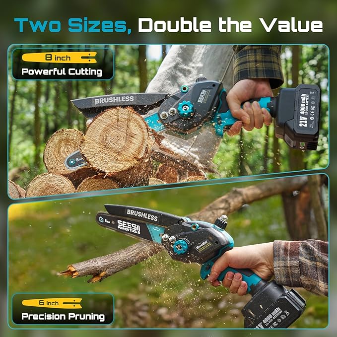 Mini Chainsaw Cordless Battery Powered: 8 inch & 6 inch Electric Chain Saw with 2 Pack 4000mA Batteries, Handheld Saw for Trees Branches Trimming Wood Cutting, Gardening Tools for Dad Husband Men