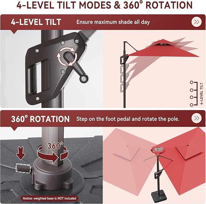 10 X 13 FT Cantilever Outdoor Patio Umbrella with Base Included with Led Lights Large 360° Rotation Double Top Offset Heavy Duty Rectangular Umbrellas for Backyard Outside Deck, Wine Red