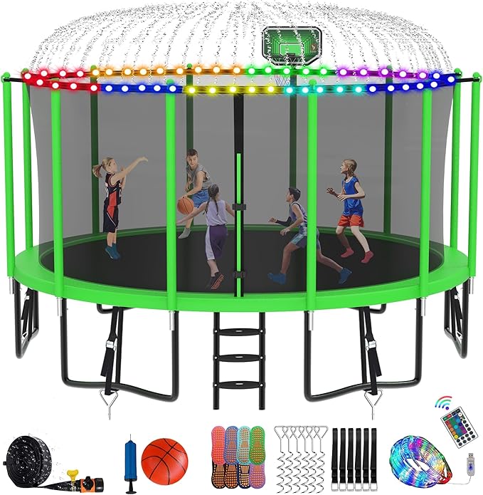DeepRoar 2026 Upgraded 8FT 10FT 12FT 14FT 15FT 16FT Outdoor Tranpoline for Kids, Big tranpoline with Basketball Hoop, Lights, Sprinkler & Socks, Heavy Duty tranpoline 1500LB, ASTM Approved Tranpoing