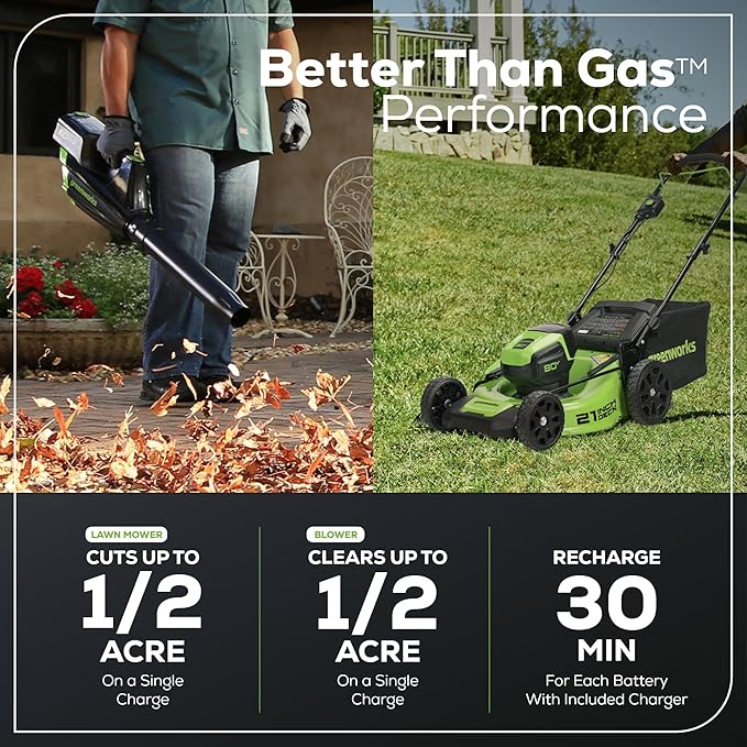 Greenworks 80V 21¡± Brushless (Push) Cordless Electric Lawn Mower + (500 CFM) Axial Leaf Blower (75+ Compatible Tools), (2) 2.0Ah Batteries and 30 Minute Rapid Charger