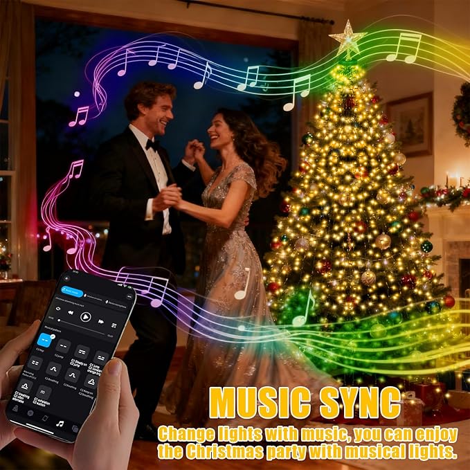 Smart Christmas Tree Lights with Ring, 6.56Ft x 16 Lines String 400 LED Indoor Outdoor with APP Control Music Sync DIY scenarios 17 Modes Multicolor Timing for Christmas Tree Decorations