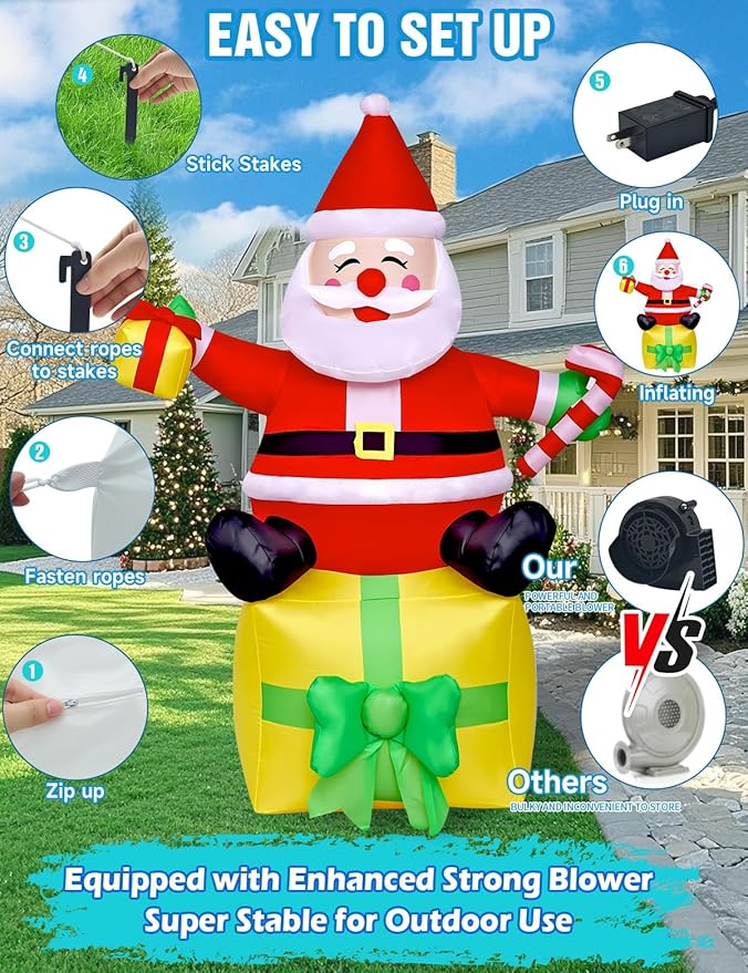 6FT Christmas Inflatables Outdoor Decorations,Inflatable Santa Claus Sitting on Gift Box Build-in LED Light-Christmas Blow Up Yard Decorations for Holiday Garden Lawn Yard Patio