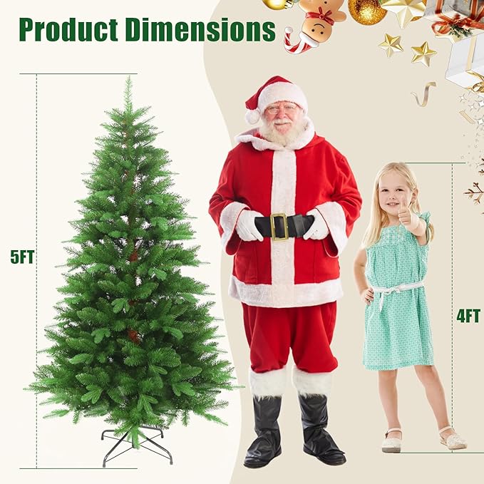 5FT Thick Artificial Christmas Tree with PE+PVC Mixed Branches, 1200+ Tips Snow Flocked Pine,UV Resistant for Outdoor Indoor Offices Home Holiday Christmas Decor