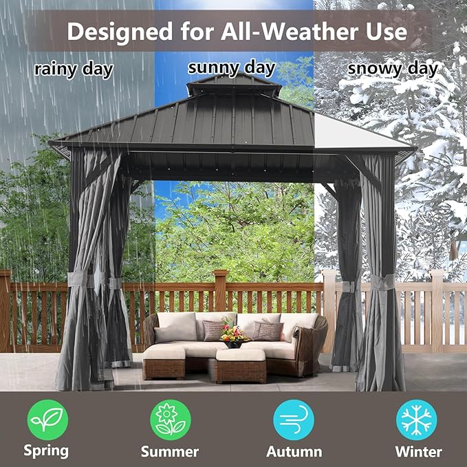 Endark 10x10FT Hardtop Gazebo with Double Roof, Aluminum Frame Outdoor Pavilion with Netting and Curtains for Patio, Backyard, Lawn