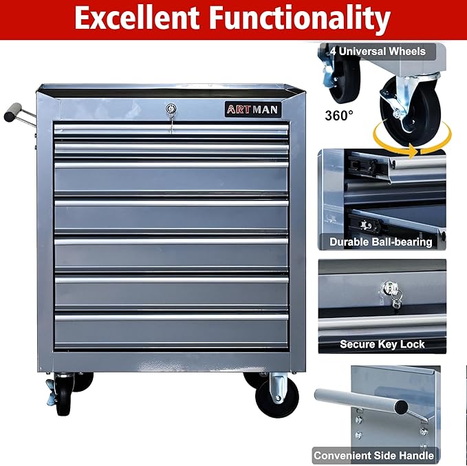 RYH 7 Drawers Rolling Tool Chest & Tool Box on Wheels | Heavy Duty Metal Cart with Ball Bearing Drawers | Fits US General Tool Box for Garage Storage (Silver, 7 Drawers£¨29.9 H ¡¿ 24.2 W ¡¿ 12.9 D)