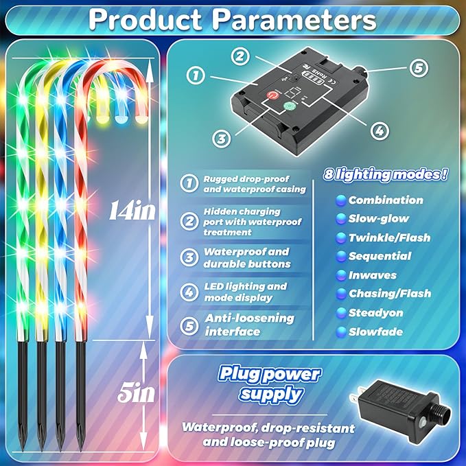 Anordsem Solar Christmas Decorations Outdoor: 12 Pack Candy Cane Pathway Lights - 21" Waterproof LED 8 Colorful Lighting Models Yard Garden DIY Decor - 2026 Xmas Gifts for Homeowners