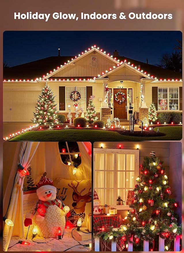 C9 LED Christmas String Lights Outdoor, 26 Feet 20 LED Christmas Pathway Lights with 20 Plastic Stakes, Connectable Waterproof for Driveways Xmas Holiday Patio Decoration, Red and Warm White
