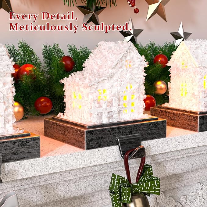 Stocking Holders for Mantle and Garland Hanger, 4-Piece Resin Fireplace Hooks with LED Lights, Perfect for Christmas décor and Holiday Party setups