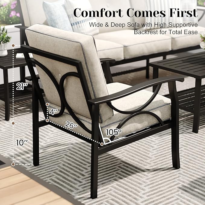 7-Piece Outdoor Patio Furniture Set, Outdoor Metal Sectional Furniture with Cushions, Outdoor Conversation Seating Set with Side Table for Backyard, Garden, Balcony, Deck, Black