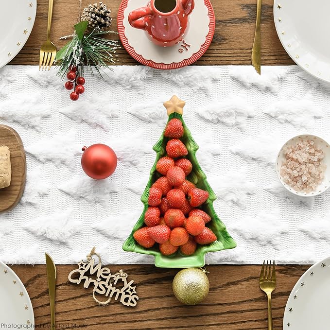 Artoid Mode Christmas Trees Soft Plush Faux Fur Jacquard Christmas Table Runner, Holiday Kitchen Dining Table Decoration for Home Party Decor 13x72 Inch