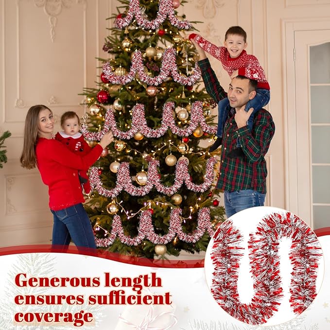 177 Feet Christmas Tinsel Garland Metallic Shiny Hanging Christmas Tree Tinsel Garland Ornaments for Indoor Outdoor Party Wedding Holiday(Red White Silver)