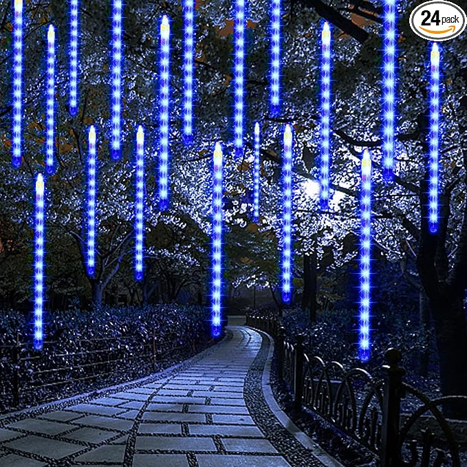 24 Tubes Meteor Shower Lights, Outdoor Icicles Christmas Decor, 12 Inch 864 LED Snow Falling Connectable Raindrop Lights, Xmas Wedding Party Tree Holiday Decoration, Blue