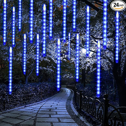 24 Tubes Meteor Shower Lights, Outdoor Icicles Christmas Decor, 12 Inch 864 LED Snow Falling Connectable Raindrop Lights, Xmas Wedding Party Tree Holiday Decoration, Blue
