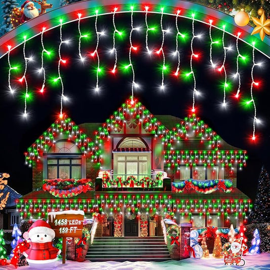 159 FT Christmas Lights Outdoor, 1458 LED Waterproof Outside Christmas Lights Plug in, Timer & Memory, 8 Modes Fairy Lights with 324 Drops for House Eaves Yard Patio Red Green and Cool White