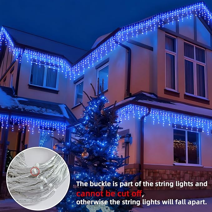 Christmas Outdoor Icicle Lights - 480 LED 66+33 FT 8 Modes Curtain Fairy String Light Plug in, Waterproof for Eaves Yard Holiday Xmas Holiday Indoor Outdoor Decoration - Blue White