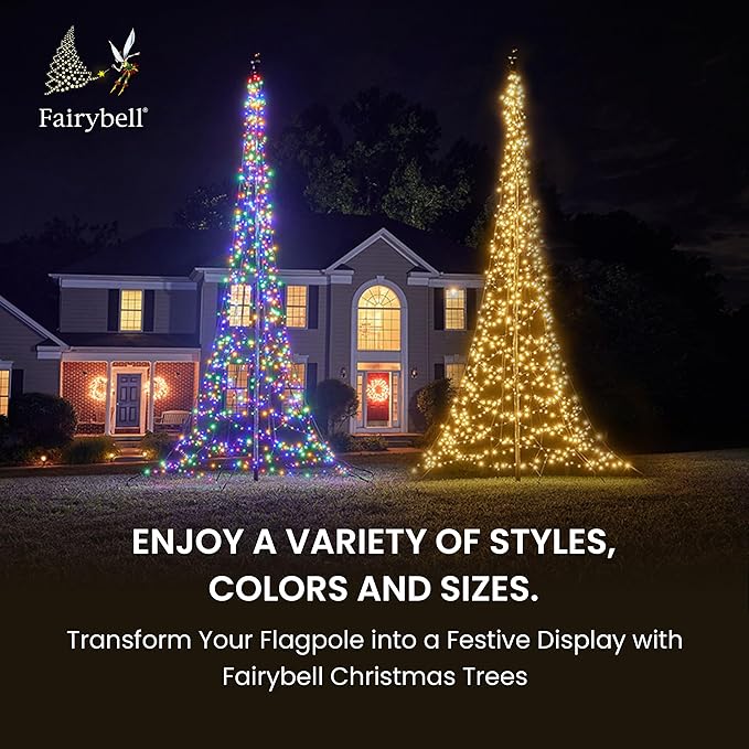 Fairybell - Flagpole LED Christmas Tree - Outdoor Christmas Decorations - Warm White - 900 LED Tree - 20ft - Suitable for Existing Flagpoles