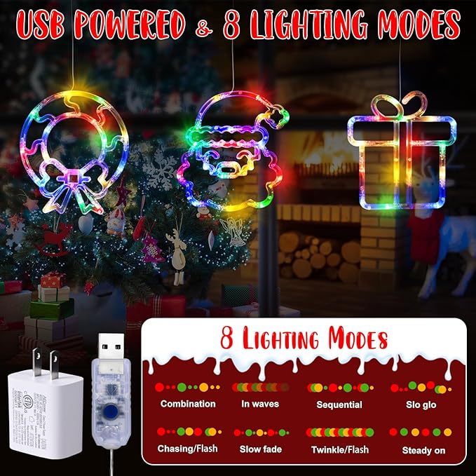 LOLStar Christmas Window Decorations, 3 Pack USB Multicolor Wreath, Gift Box, Santa Claus Xmas Indoor Window Lights, 8 Flashing Modes LED Lights for New Year, Home, Party, Room Decors