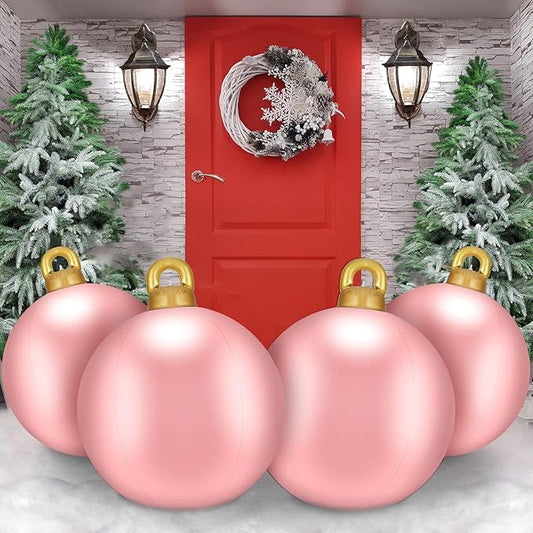Jetec 4 Pcs Giant Inflatable Christmas Ball Large Xmas Inflatable Ornaments PVC Outdoor Holiday Blow Ball Outside Yard Lawn Porch Decorations (Solid,Pink)