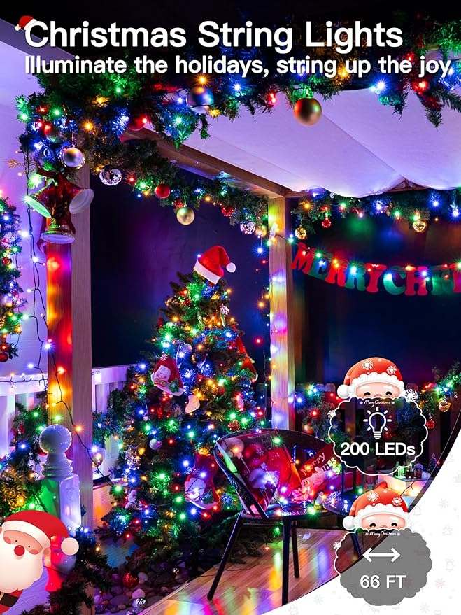 Christmas Lights 66FT 200 LED, Christmas Tree Light with 8 Lighting Modes, Outdoor Waterproof String Lights with Remote and Timer, Fairy Light for Holiday Decor (Multicolor)