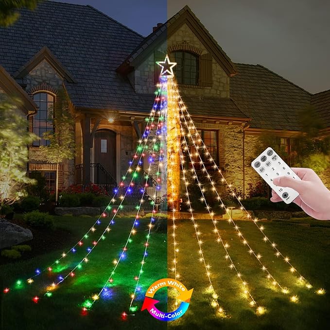 Decute Christmas Decorations Star String Lights Color Changing 11 Modes and Timer with Remote, Waterproof 320 Led Tree Toppers Fairy Lights for Outdoor Yard Garden Backyard Holiday Decor