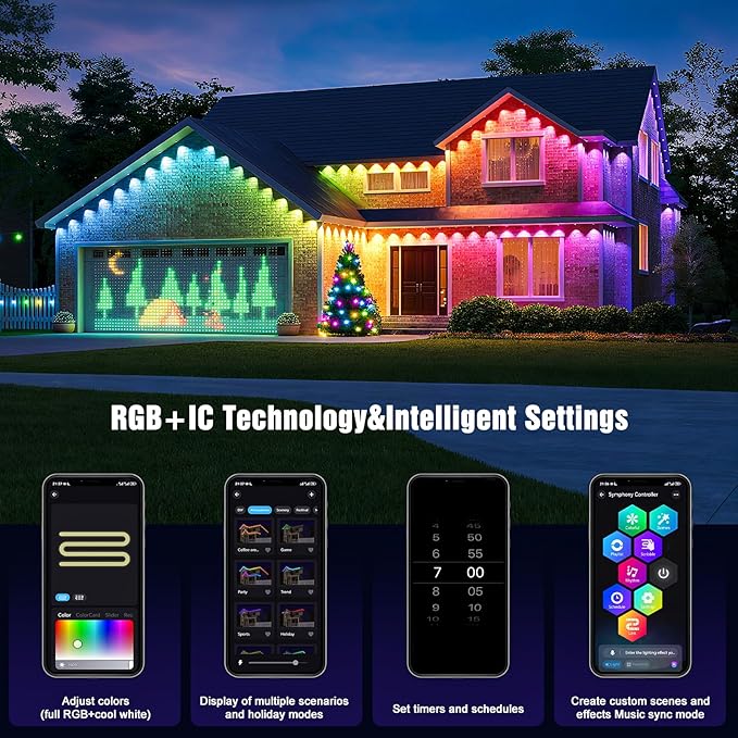 JOH Permanent Outdoor Lights, 200FT RGB+IC Smart LED Outdoor Lights with App/Remote Control, DIY Scene Modes Lighting & IP67 Waterproof, Eaves Light for Christmas, Holiday, Daily Decorations