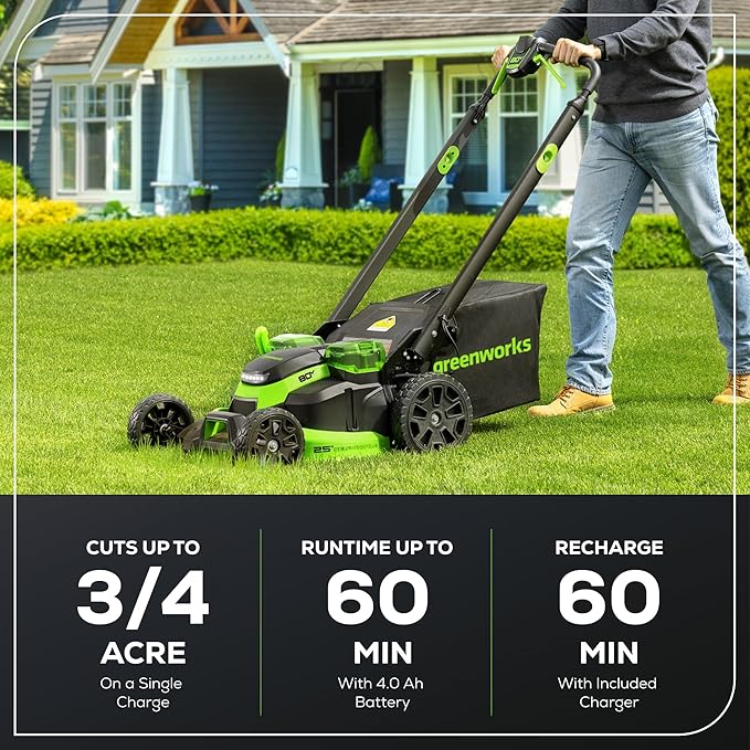 Greenworks 80V 25 Brushless Cordless (Self-Propelled) Dual Blade Lawn Mower (LED Headlight + Aluminum Handles), 4.0Ah Battery and Rapid Charger Included