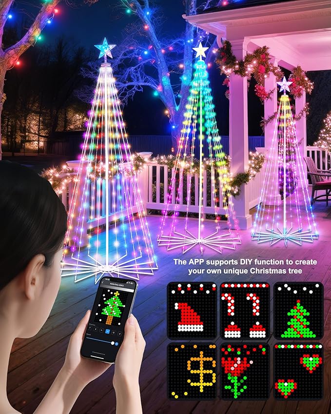Smart Christmas Cone Tree LED Light, 6/7/8ft 900 LED Music Sync with Remote APP and Local Control, Pattern and Text Displayable, 16 Million Colors Light Show Tree for Indoor Outdoor Decorations