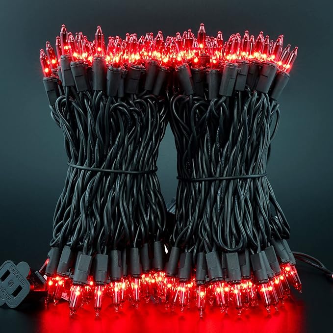 YULETIME 200 Red Christmas Lights with Black Wire, Pack of 2 Sets 33 ft 100 Count UL Certified Holiday String Lights (Red)
