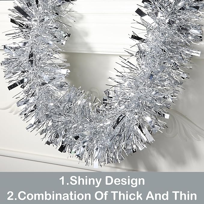 LEASEN 50 Feet Silver Metallic Twist Shiny Christmas Tinsel Garland Decorations for Xmas Tree, Stairs, Fireplace & More