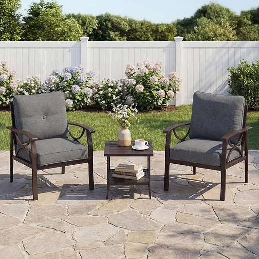 Outdoor Patio Furniture Set, 3 Pieces Metal Patio Conversation Set with Side Table for Garden Porch Backyard, Grey