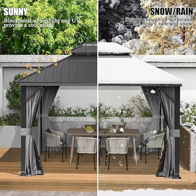 Domi 10’ X 14’ Hardtop Gazebo Canopy with Netting & Curtains, Outdoor Metal Gazebo with Galvanized Steel Double Roof for Patio Lawn and Garden, Gray