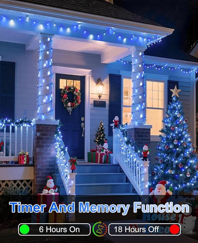 Blue White Christmas Lights Outdoor, 80FT 240 LED Christmas Tree Lights Waterproof Plug in, 8 Modes Connectable Christmas Decorations Green Wire for Indoor Bedroom House Patio Holiday