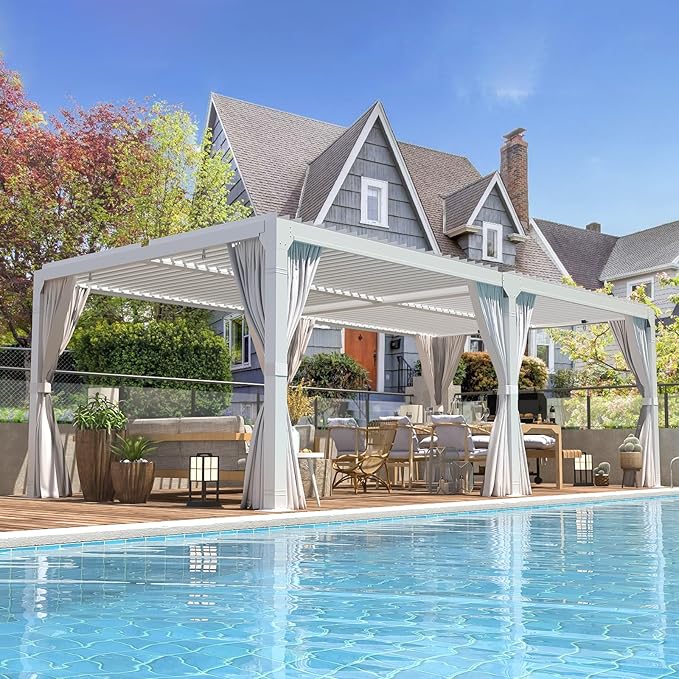 EROMMY Louvered Pergola 12' x 20' Outdoor Hard Top Pergola with Aluminum Frame and Adjustable Metal Rainproof Roof for Garden & Patio, Curtains and Netting Included, White