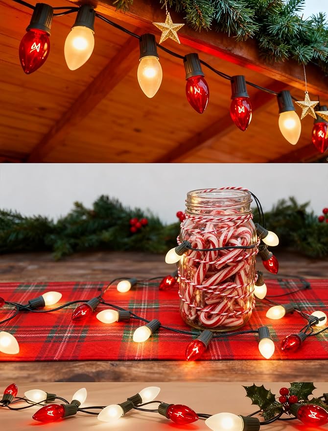 C9 Red and White Christmas String Lights 25Ft C9 Outdoor Christmas Decorations Lights with 26 Red Frosted White Bulbs, Vintage Christmas Light Waterproof for Patio Roofline Party Holiday Garden