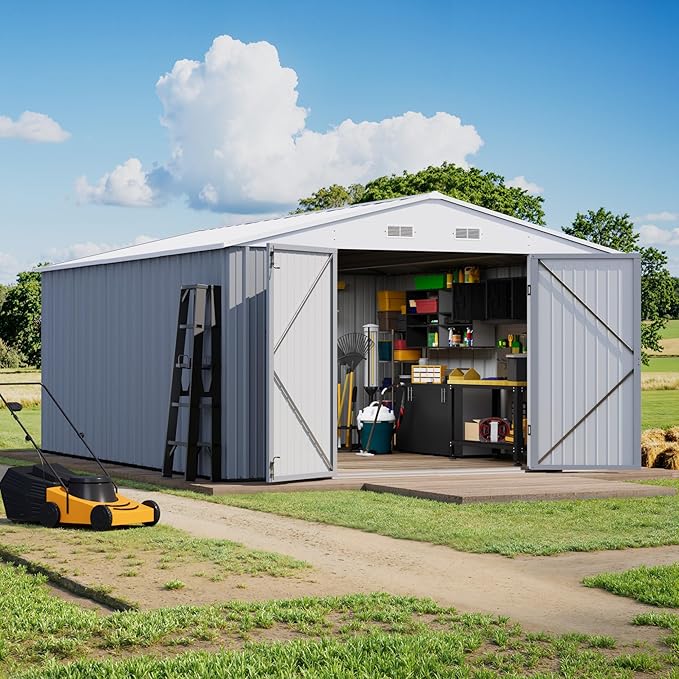 Greesum 10×14 FT Outdoor Storage Shed, Metal Storaged Sheds Without Floor, Tool Sheds with Lockable Doors and Sloping Roof for Garden, Patio, Backyard, Gray