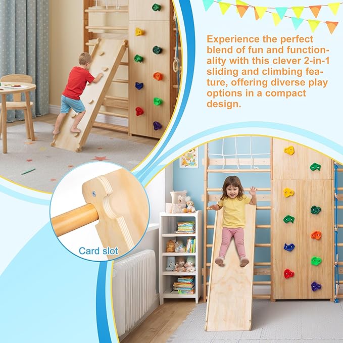 10-in-1 Indoor & Outdoor Wooden Playset for Kids, All-in-One Climbing Playground with Slide, Monkey Bars, Swing, Rock Wall, Climbing Net, Rings & Ladder –Sturdy Backyard Adventure Set for Active Play
