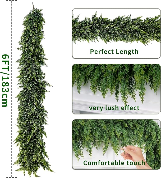 6FT Christmas Garland Decoration, Realistic Artificial Green Faux Cedar Pine Garland Holiday Decor for Outdoor Indoor Green Greenery,Fireplaces Holiday Party Decorations