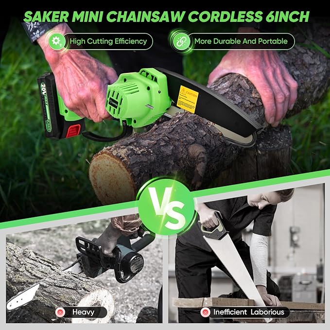 Saker Mini Chainsaw Cordless,6 Inch Chainsaw, Mini Electric Chainsaw Cordless Battery Powered,One-Hand Portable Chain Saw for Tree Trimming, Pruning&Wood Cutting,Christmas Gifts for Men Husband Father
