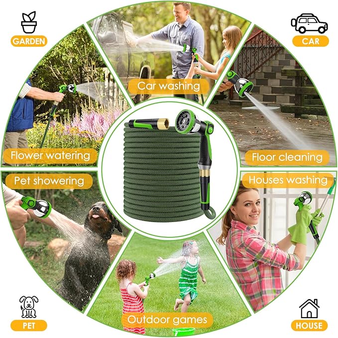 Non-Expandable Garden Hose 25 FT, Lightweight Hose with 10 Function Spray Nozzle, Kink-Free Flexible Water Hose, Durable, Leak-Proof, 360¡Æ Swivel Connectors, Portable Storage Strap