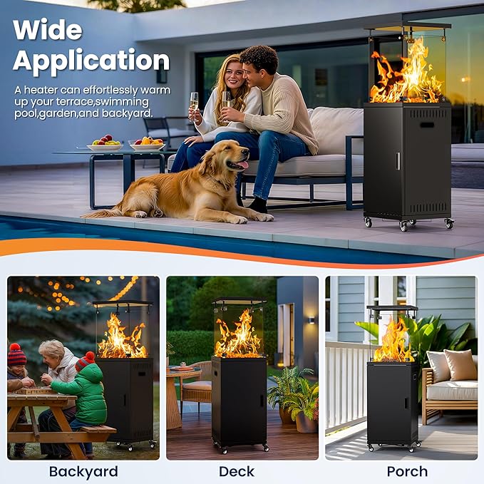 41,000 BTU Patio Heater,Propane Outdoor Heater With Cover,CSA Certificated, Lockable Wheels,Tempered Glass, Patio,Backyard,Balcony,Poolside, Inky