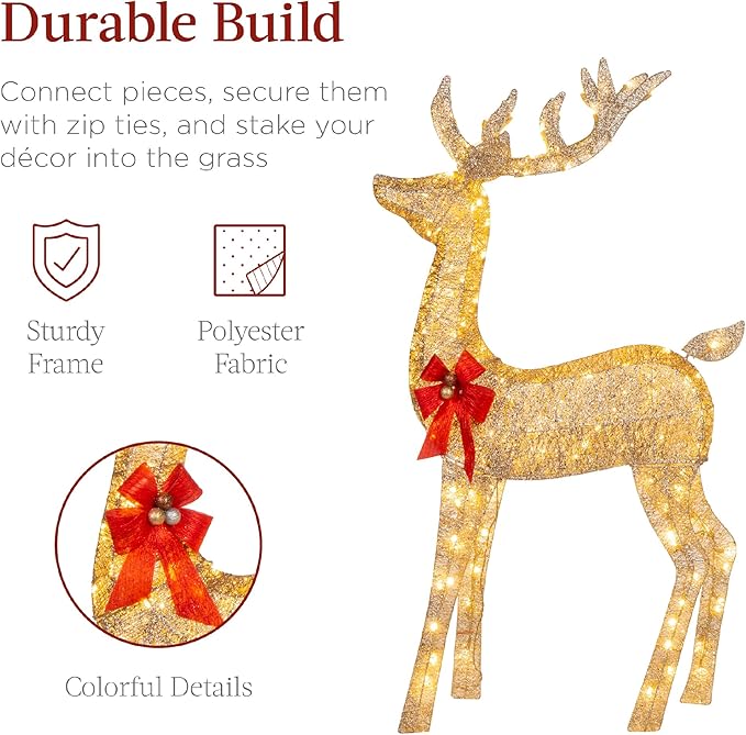 Best Choice Products 6.5ft 3-Piece Large Lighted Christmas Deer Family Set, Outdoor Yard Decoration with 385 LED Lights, Stakes, Zip Ties - Gold
