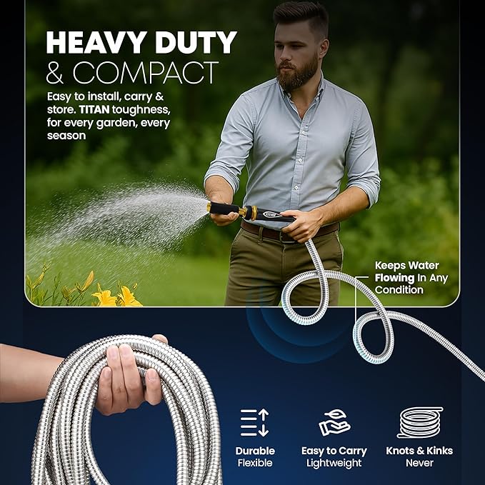 TITAN Garden Hose 200FT - 304 Stainless Steel Metal Water Hose, Flexible, Kink-Free, Lightweight, Durable, Crush Resistant Fittings, Easy to Coil, 500 PSI