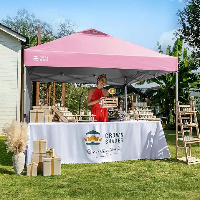 CROWN SHADES Canopy Tent, 10 x 10 Foot Portable Pop Up Outdoor Shelter with 1 Sidewall, Easy 1 Push Center Lock, UV Protection, and Carry Bag, Pink