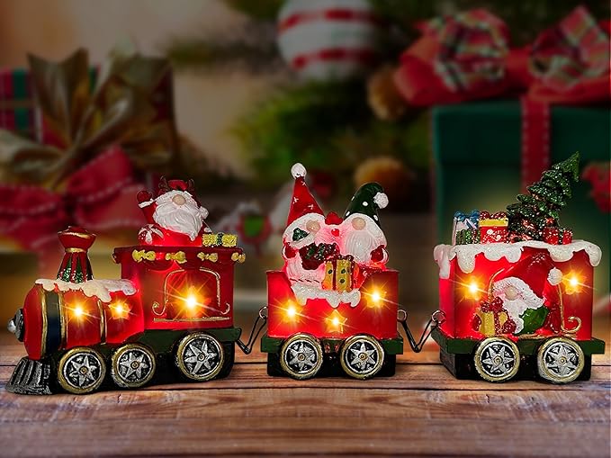 Hexagram Christmas Decorations Indoor Christmas Gnomes Table Centerpieces Train Decor - Lighted Gnome Tabletop Decor, Light Up Xmas Train Figurines for Home