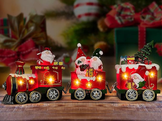 Hexagram Christmas Decorations Indoor Christmas Gnomes Table Centerpieces Train Decor - Lighted Gnome Tabletop Decor, Light Up Xmas Train Figurines for Home