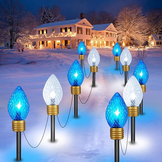 Brightown 2 Pack Jumbo Christmas Pathway Lights Outdoor - 10.5 Feet 5 LED C9 Walkway Light, Covered Jumbo Strawberry Bulb Decorations for Lawn Outside, Blue ＆ White