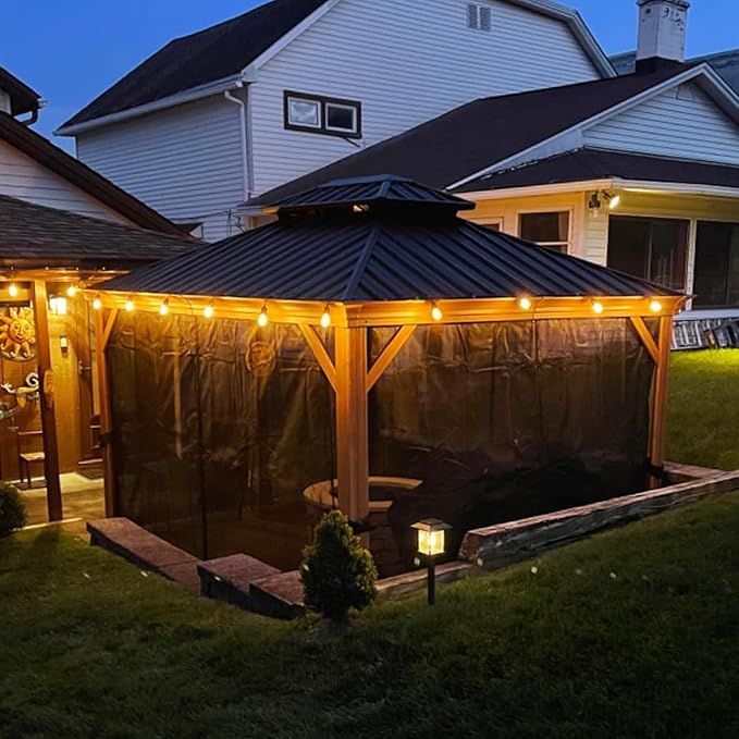 PURPLE LEAF 10' X 12' Outdoor Hardtop Gazebo for Patio Galvanized Steel Double Roof Permanent Canopy Teak Finish Coated Aluminum Frame Pavilion Gazebo with Netting and String Lights