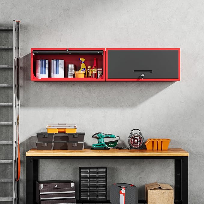 Yizosh Metal Wall Cabinet with Doors, Wall Mounted Storage Cabinet, Floating Tool Cabinet for Kitchen, Basement, Warehouse (Red Black, 13.7 H)