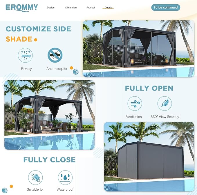 EROMMY Louvered Pergola 11' x 13' Outdoor Hard Top Mansard Roof Gazebo with Aluminum Frame and Adjustable Metal Rainproof Roof for Garden & Patio, Curtains and Netting Included, Gray-Black