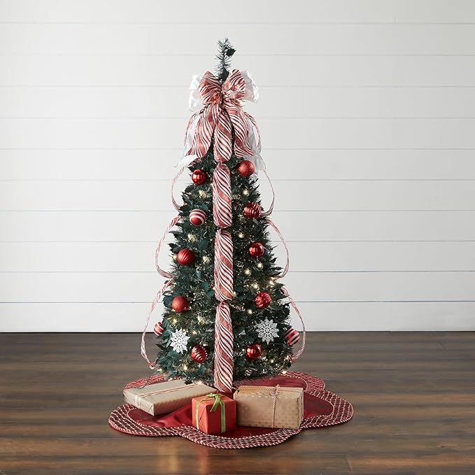 BrylaneHome 4.5 Ft Fully Decorated Pre-Lit Pop-Up Christmas Tree with 100 Warm Lights & Included Stand, Collapsible, Easy Assembly - Red White